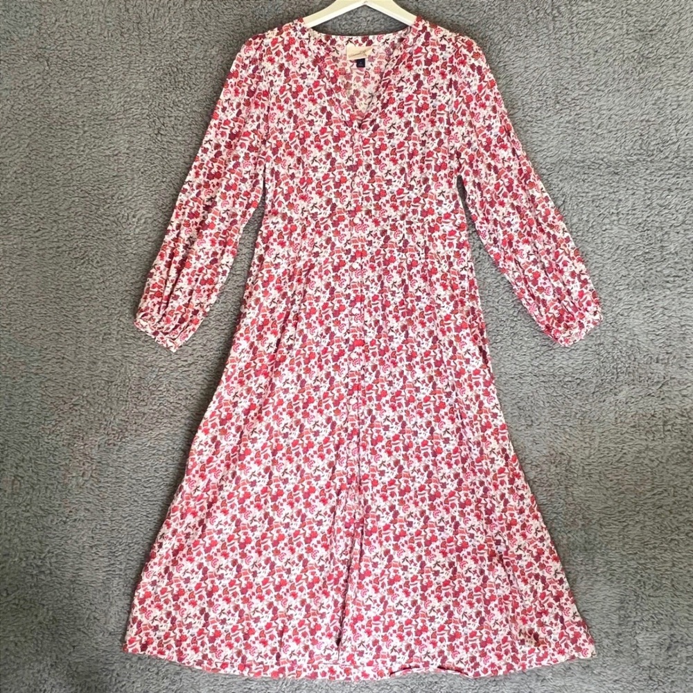 Fall Floral Button Front Fitted Midi Dress Red Rust Cottagecore Prairie Boho M
